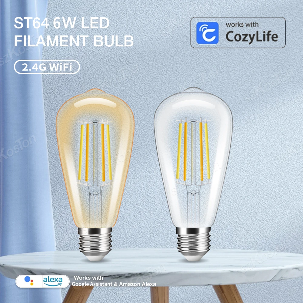 2PCS ST64 E27 Smart Filament Bulb Retro Style LED Lamp CozyLife APP WiFi Warm White Dimmable Light Voice Works With Alexa Google