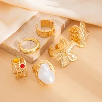 6Pcs Punk Exaggerated Metal Finger Rings Set for Women Men Vintage Flower Pearl Crystal Europe America Open Rings Luxury Jewelry - Image 2
