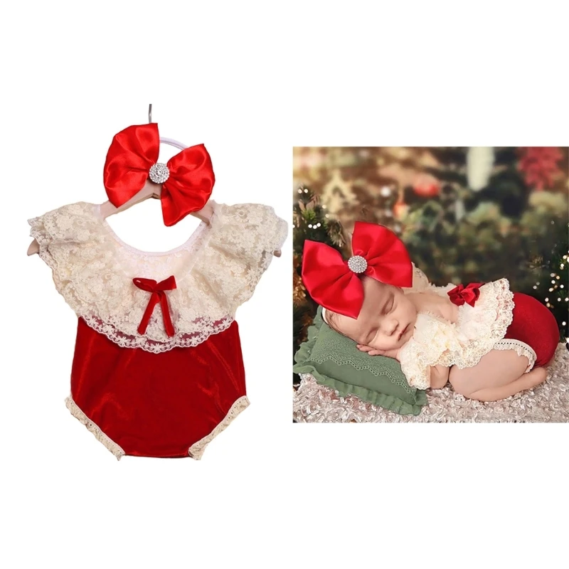 

Infant Photography Props Christmas Red Romper Bowknot Headband Baby Photo Suit Photoshooting Clothes Newborn Shower Gift