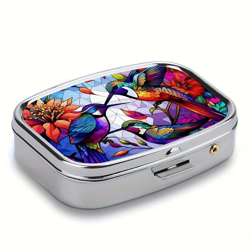 Three-color Small Hummingbird Medicine Box Two-compartment Portable Vitamin and Medicine Box Metal Travel Accessories