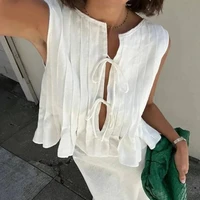 New Summer Women Y2K Korean White Linen Cotton Pleated Lace Up Sleeveless Short Shirt Crop Top Blouse Pleated Shirts Clothes 1