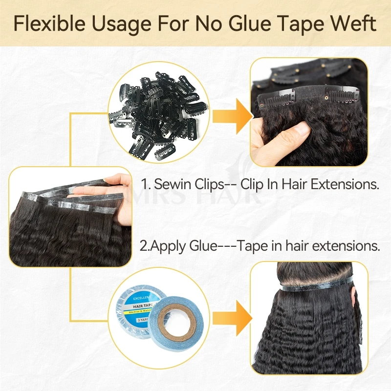 Kinky Straight Long Tape Weft PU Tape In Hair Extensions Human Hair Yaki Seamless Weft Extensions 12-30inch 80cm 40g-50g