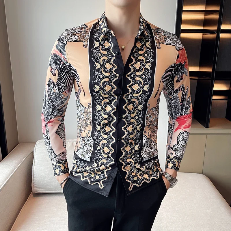 2024 High Quality Men Floral Shirt Long-Sleeved Tuxedo Slim Shirt Fashion Mens Designer Retro Printed Shirt Camisa Masculina 4XL