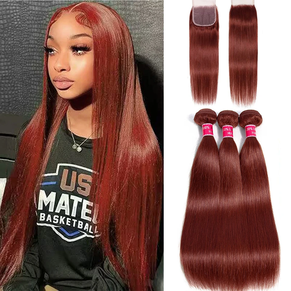 Human Hair Bundles 99J Straight With 4x4 Closure Reddish Brown Burgundy