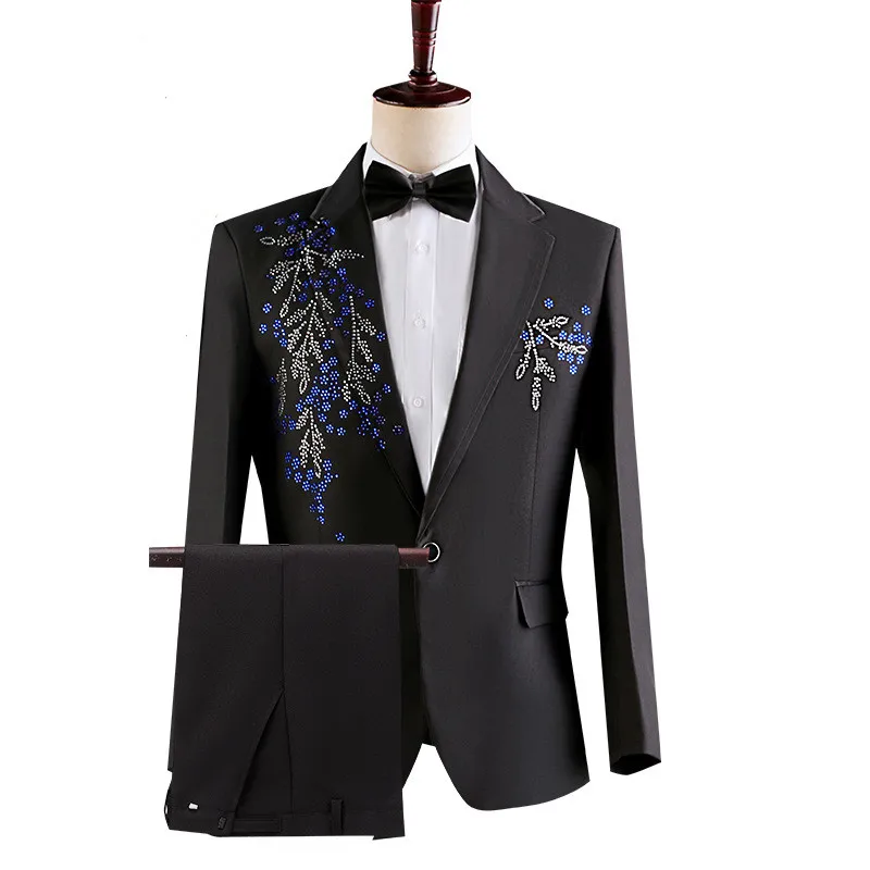 

Men's Rhinestones Blazer Suit Singer Host Chorus Crystal Tuxedo Pants 2 Piece Set Wedding Banquet Party Stage Performance Outfit
