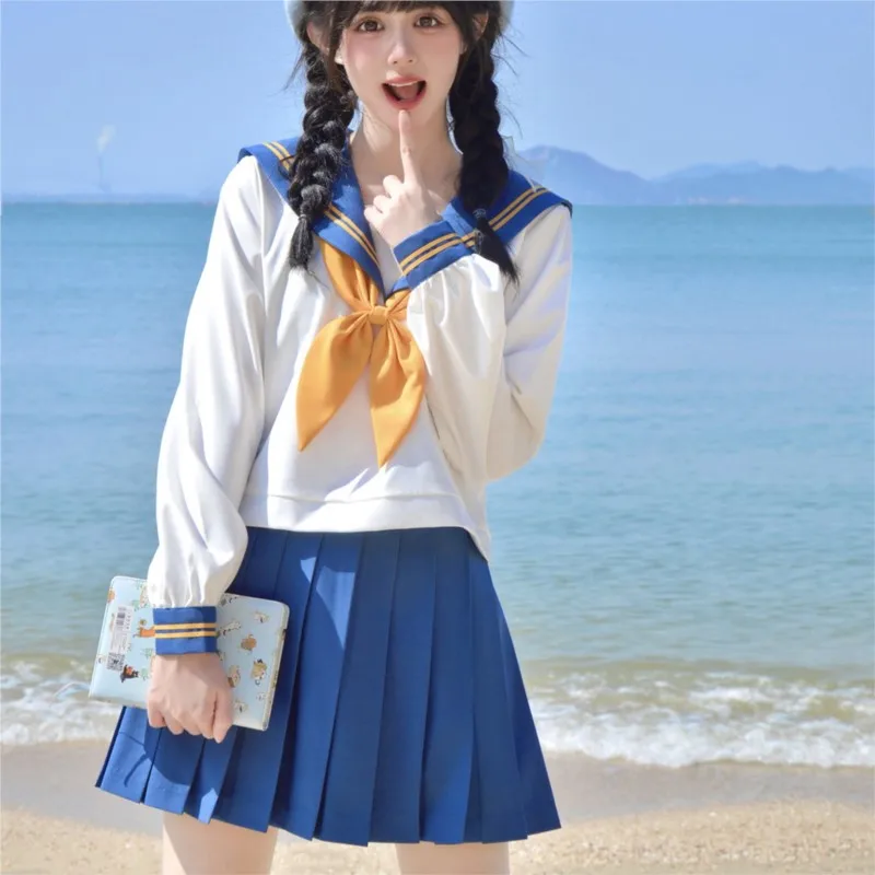 

Белая и синяя школьная форма, платье, Японский Школьный матрос, топ, галстук, плиссированная юбка, наряд для девушек