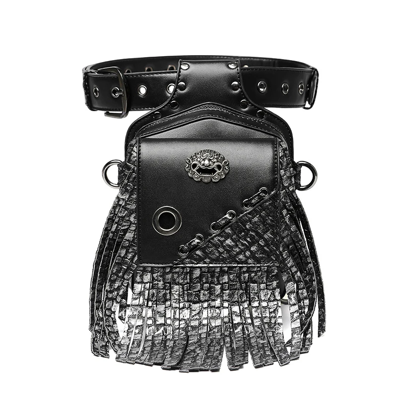 

Black Punk Men's Waist Bag Pu Leather Outdoor Tactical Bag Tassel Hanging Bag