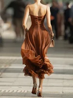 Robe de bal chic en mousseline pour femme, élégante, à fines bretelles, ourlet à volants, coupe trapèze, pour l'été 2026, idéale pour mariage et soirée 5