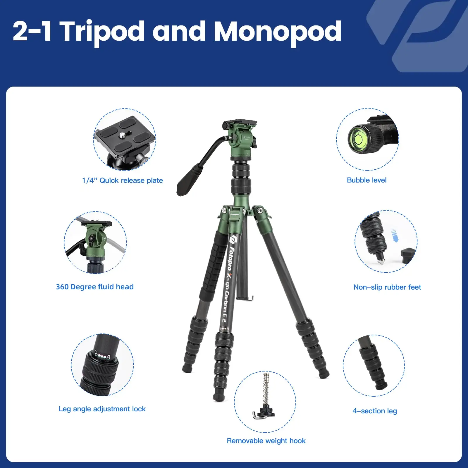 Fotopro 59" Carbon Fiber Travel Tripod Compact Video Tripods Detachable Monopod for Camera X-GO E2