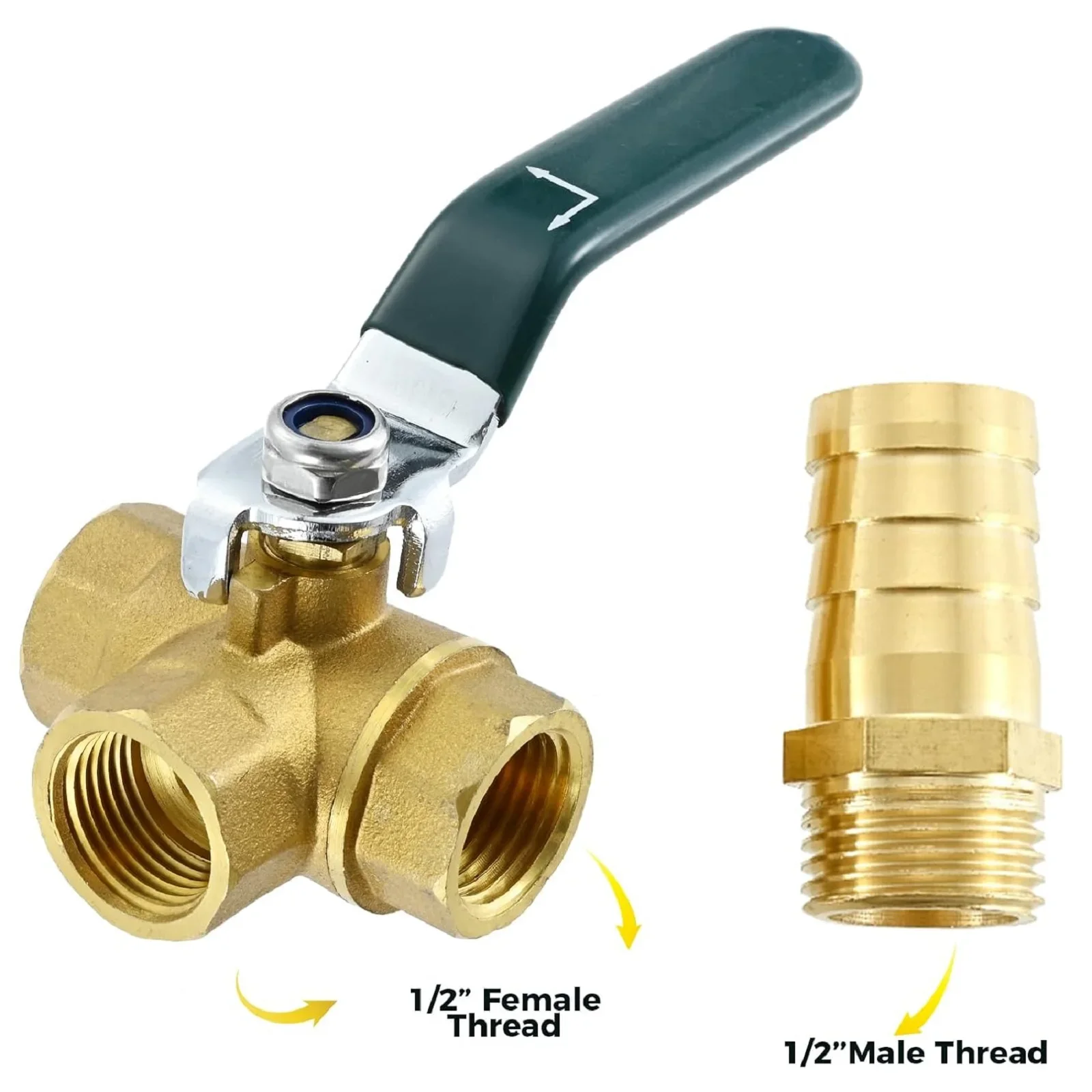 Brass 3-Way L-Port 1/2" Hose Barb Ball Valve 1/2" G Female Thread with Shut Off Lever Handle T Shaped Brass Fitting &Pipe Clamps
