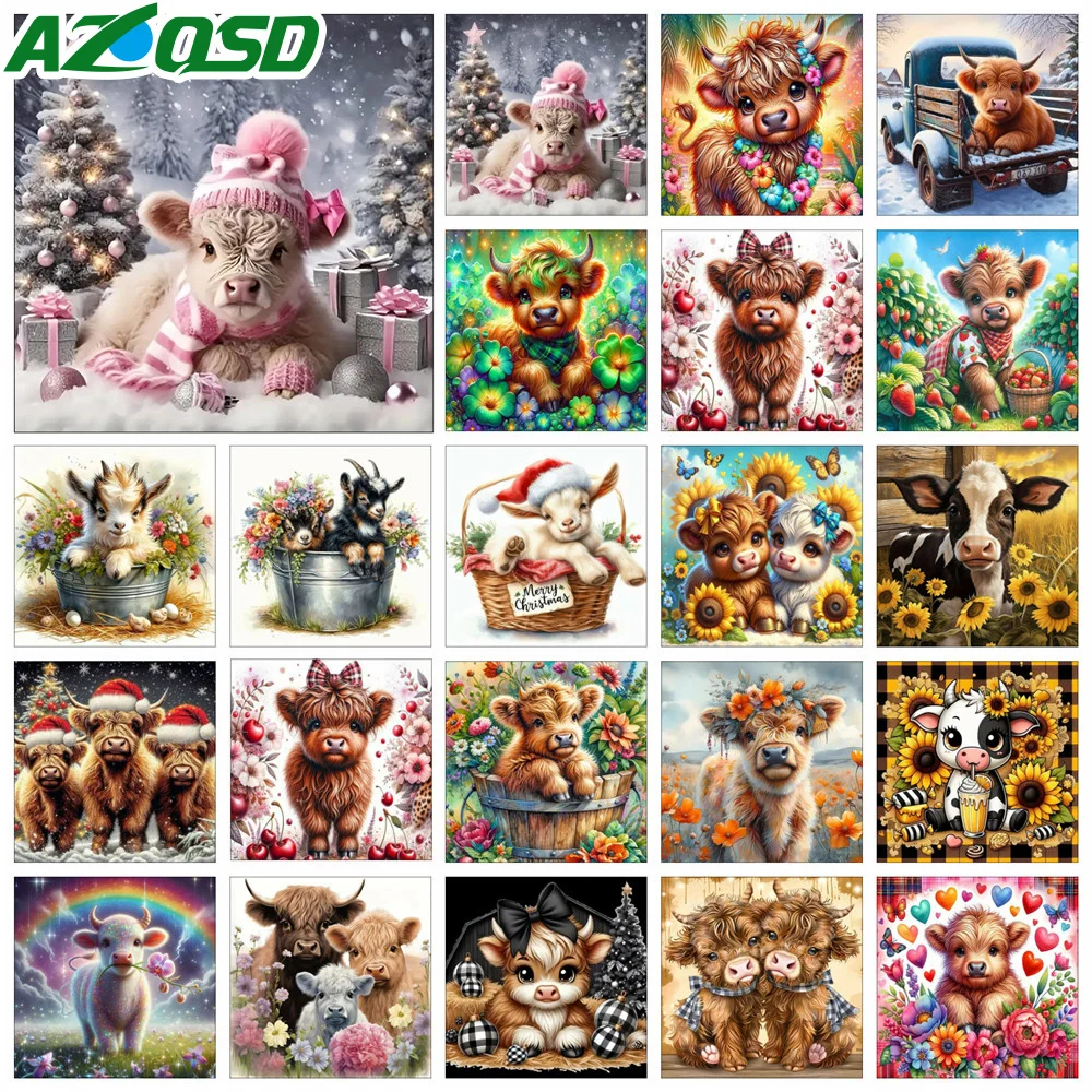 AZQSD Diamond Painting Cattle Animal Full Drill Cross Stitch Needlework Flower Diamond Embroidery Cow Full Kits Wall Decoration