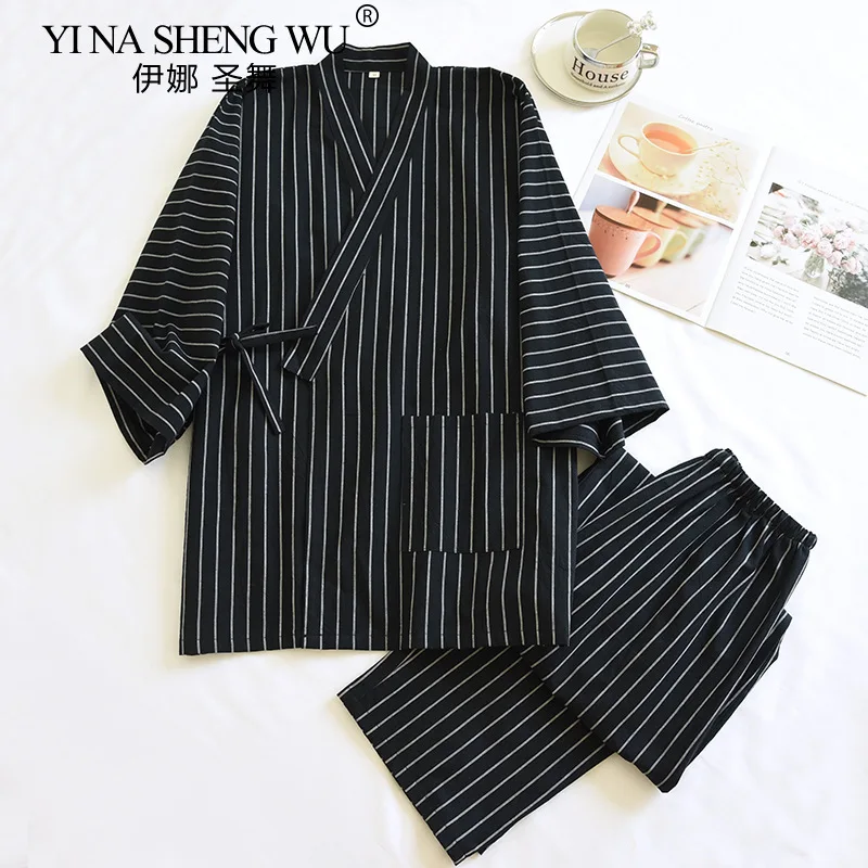 Men's Cotton Kimono Robes Pajamas Clothes Thin Spring and Autumn Streak Black Colors Home Clothes Loose Casual Men Robe Sets
