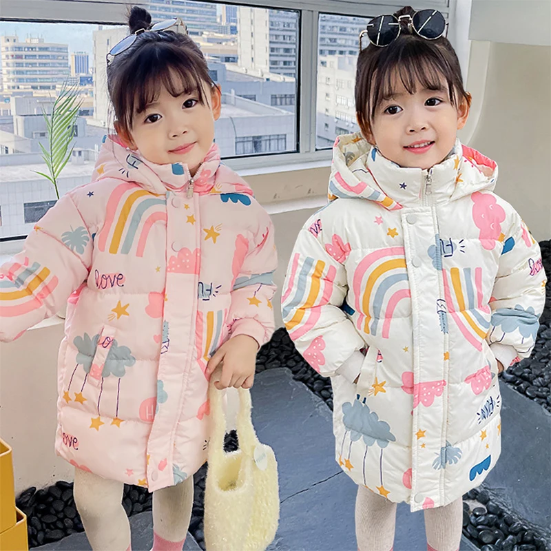 

Winter Long Style Girls Down Jackets Keep Warm Cotton Coat Autumn Hooded Windbreaker Outerwear for 2-7 Years Kids Clothes