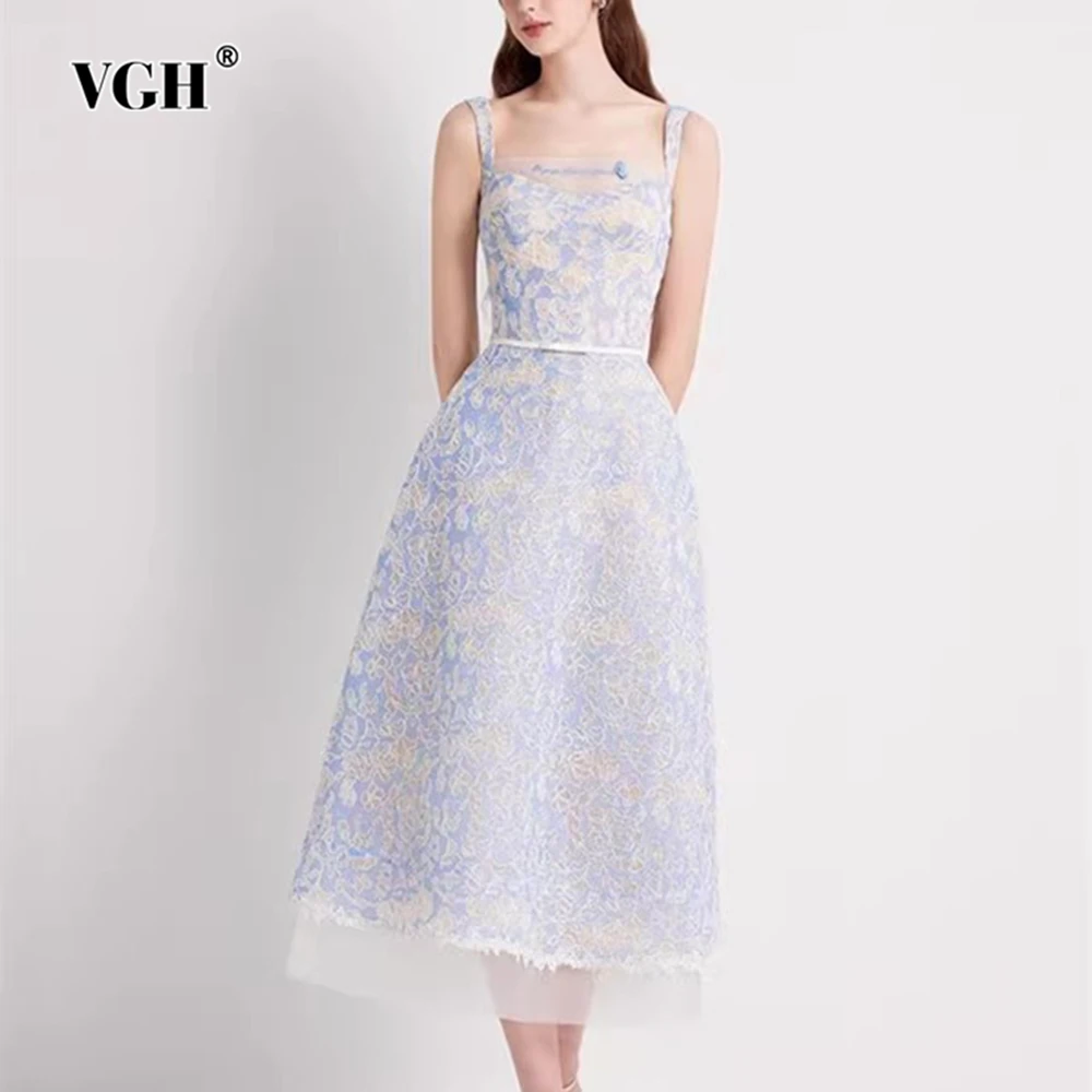 

Женское Сетчатое платье с вышивкой VGH, Сетчатое платье без рукавов с квадратным вырезом, открытой спиной и высокой талией, 2019