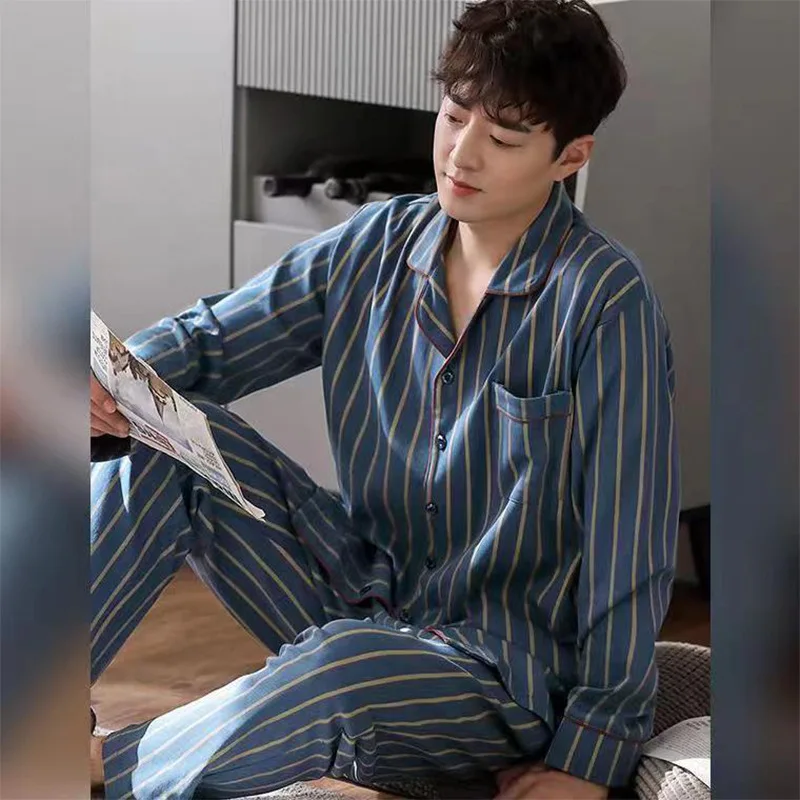 цена Spring Autumn Men's Cotton Pajamas Fashion Lapel Long Sleeve Casual Comfortable Home Clothing Set Luxury Printed Pyjama