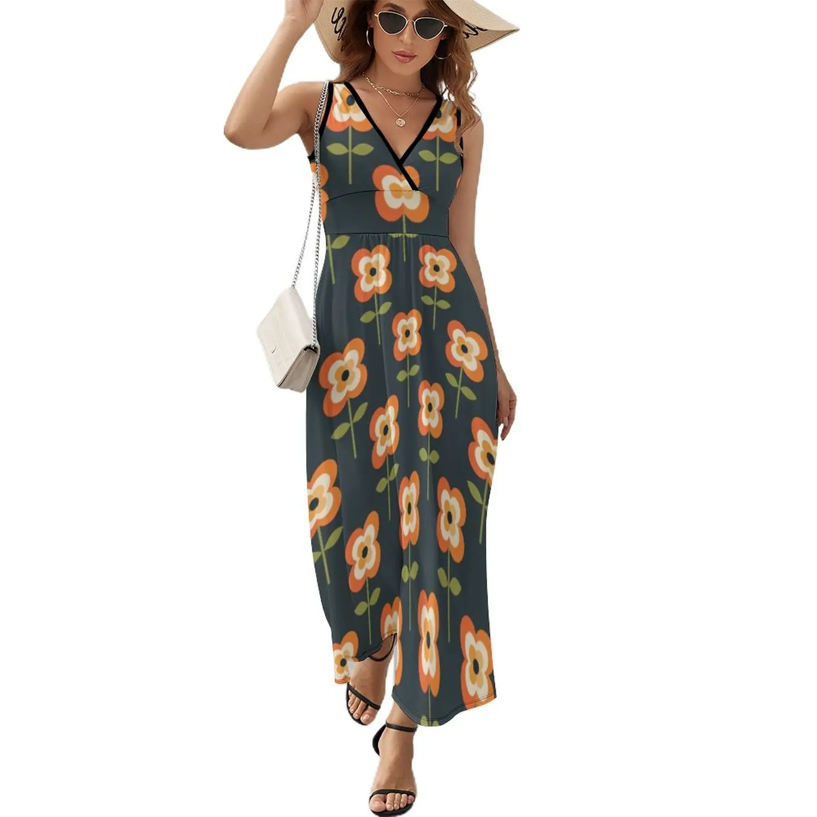 

Retro Flower - Orange and Charcoal Sleeveless Dress ceremony dresses Female clothing Casual dresses Women's evening dress