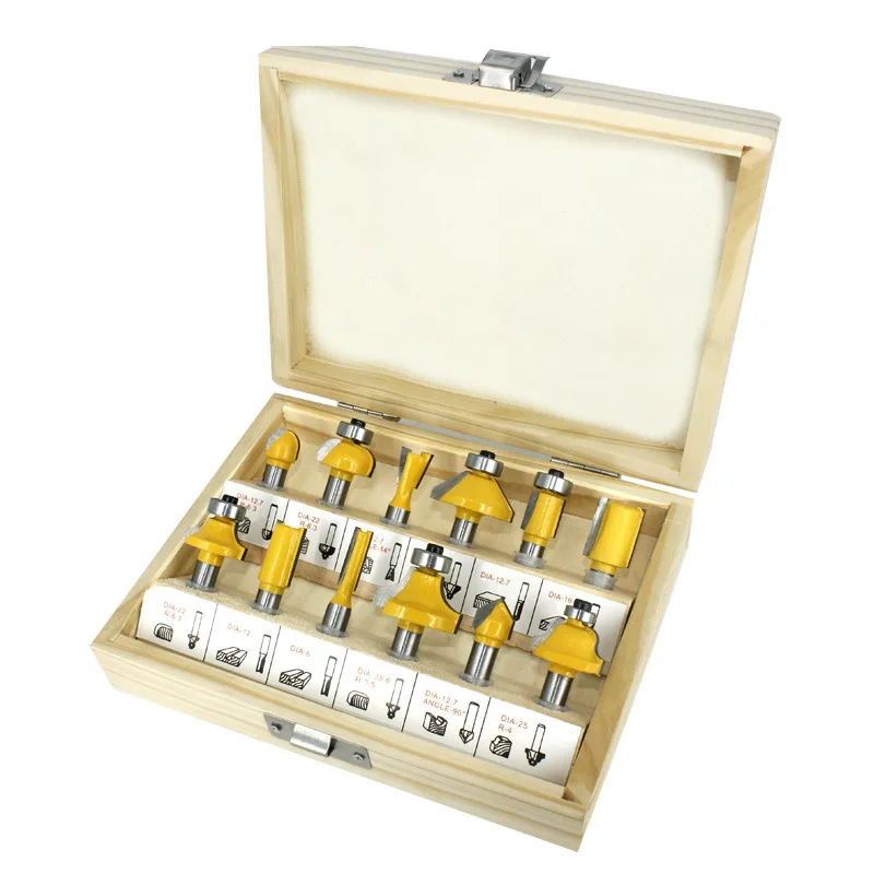 

8 Handle 12PC Woodworking Milling Cutter Set Trimming Knife Chamfer Knife Tungsten Steel Alloy Trimming Machine Tool Head