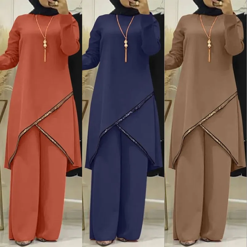 Ensemble Deux Pièces pour Femmes Musulmanes, Chemisier à Manches sulf, Pantalon à Jambes Larges, Abaya Modeste, Dubaï, Turquie, Costumes aniques, Survêtement Décontracté 1