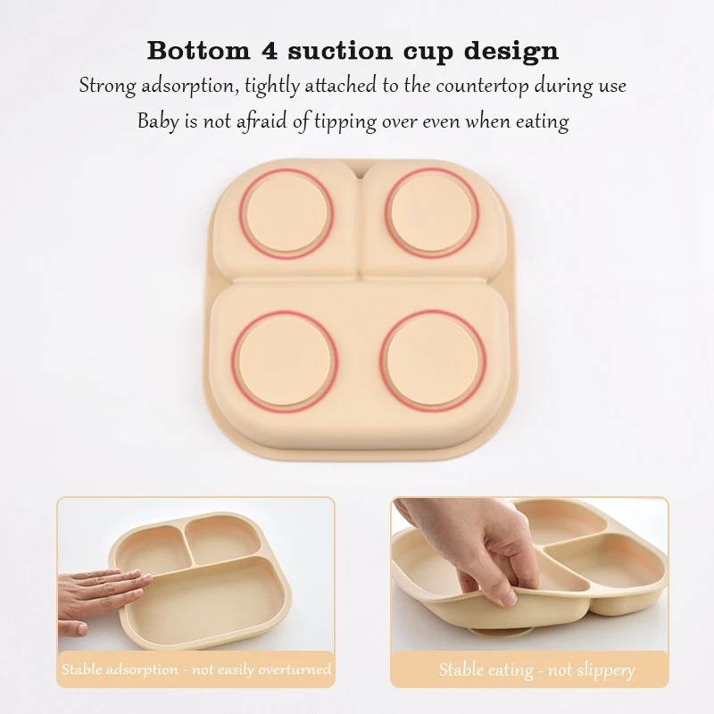 Food Grade Silicone Dining Plate Children 3-Grids Dishes Eating Training Tableware Feeding Tray With Sucker Anti-Drop Baby Stuff 6