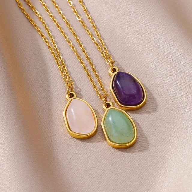 Fashion Stone Opal Oval Necklace For Women Stainless Steel Gold Color Green Stone Pendant Necklace Wedding Aesthetic Jewelry Gif 4