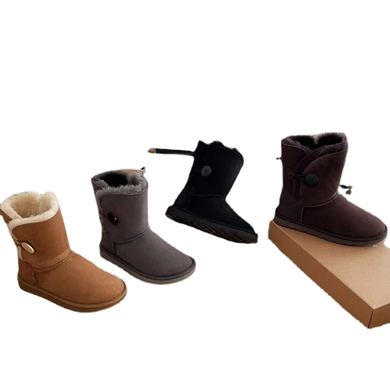 

2022 Women's Button Middle Barrel Wool Shoes Wood Buckle Round Head Sheepskin Integrated Snow Boots