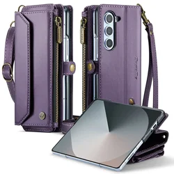 Crossbody Leather Wallet Phone Case with Stand and Shockproof Magsafe Flip Cover, featuring Lanyard Wristband. for Samsung Z Fold 5 (PURPLE)