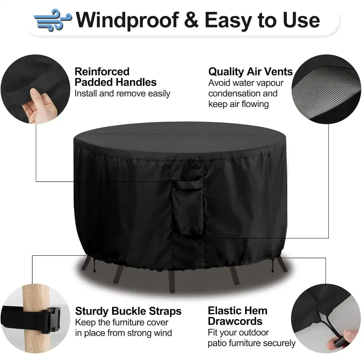 Heavy-Duty Waterproof Outdoor Round Table Cover - Anti-UV, Wind-Proof & Dust-Resistant