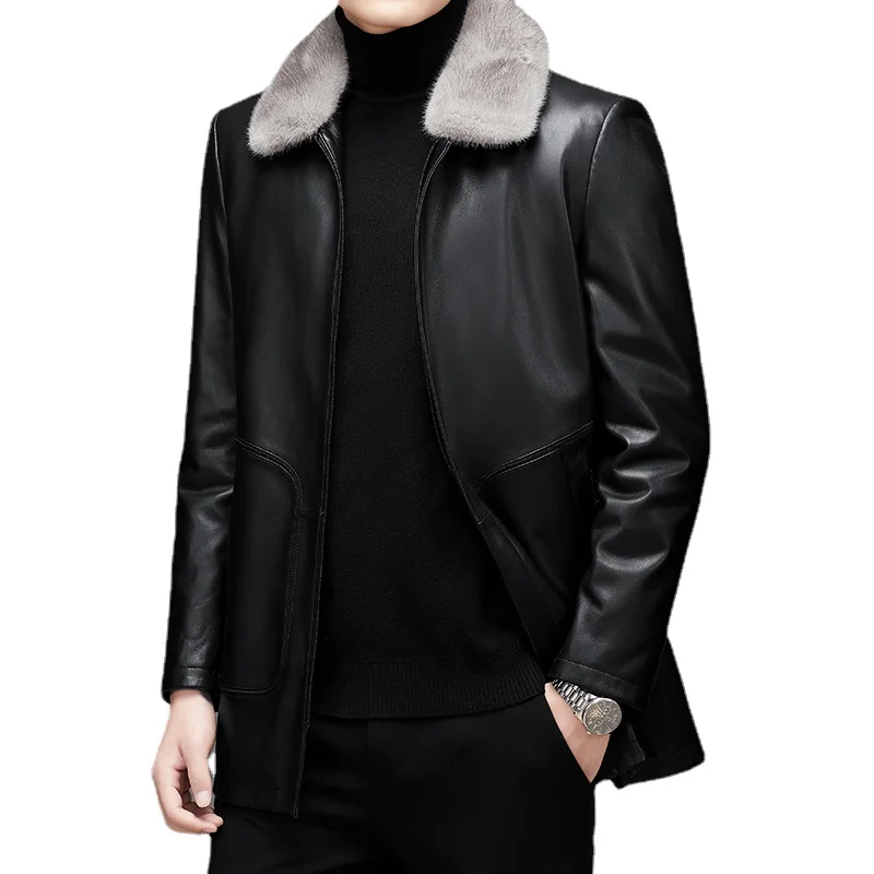 

New Men's Business British Trend Windproof Solid Color British Style Casual Fashion Lapel Sheepskin Trench Coat Leather Jacket