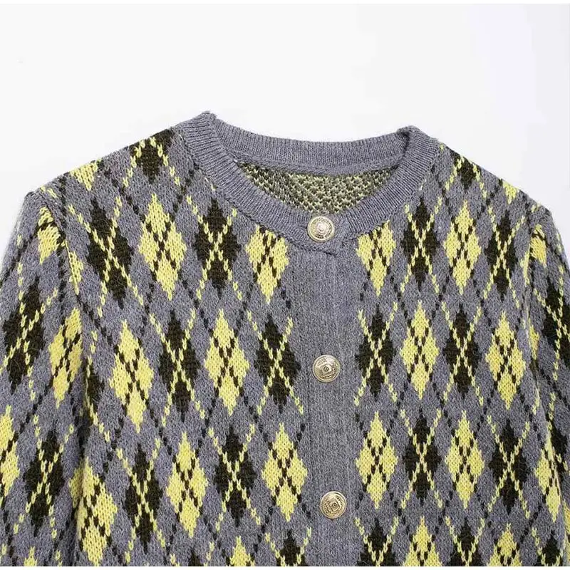 Plaid Knitted Slim Cardigan Women Autumn O-neck Long Sleeve Metal Button Short Sweater Coat Lady All-matching Knitwear New