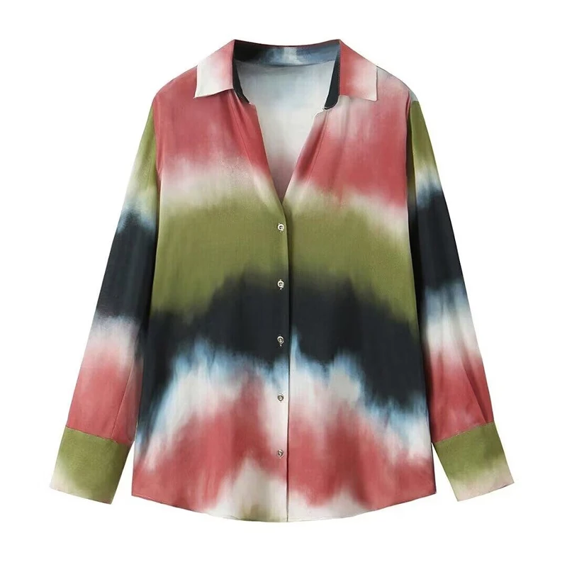 

Женская атласная рубашка с принтом, длинным рукавом и воротником с лацканами