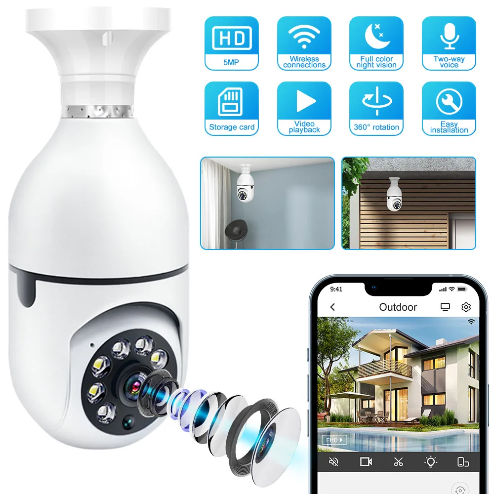 E27 Bulb 5MP Cameras Wifi Surveillance Video Monitor Night Vision Full Color Human Tracking 4X Zoom Wireless Security Protection