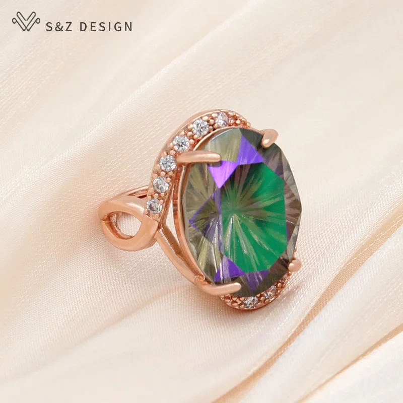 S&Z DESIGN New Fashion 585 Rose Gold Color Egg Shape Oval Crystal Rings For Women Wedding Party Elegant Jewelry Trendy Gift