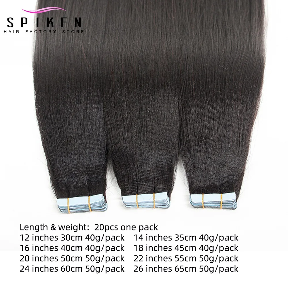 Light Yaki Tape In Hair Extensions 20pcs Yaki Straight Double Side Tape Human Hair Natural Black Color 1B 12"-24" Salon Supply