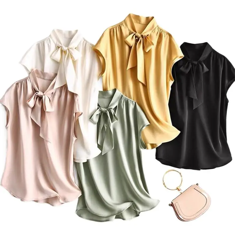 Spring Women plus size ice silk Shirts Summer Elegant Satin Blouse Fashion lace up Casual Streetwear chiffon Tops 빈티지 반�