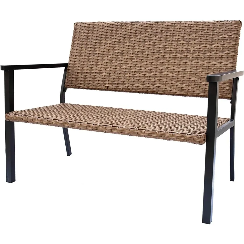 

Metal Frame Garden Benches Outdoor Loveseat Bench Chair for Outside Patio Porch Natural All Weather Wicker Furniture