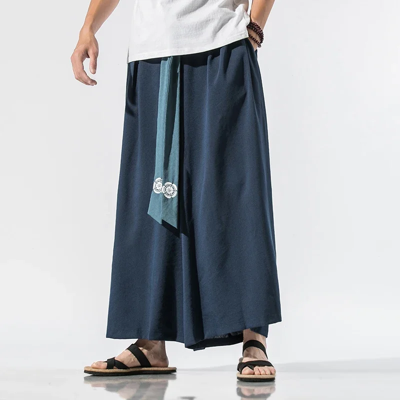 2023 Japanese Kimono Men Wide Leg Pants Joggers Retro Loose Trousers Man Yukata Style Linen Pants Big Crotch Nepal Robe Trousers 4