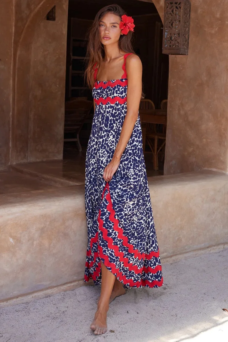 Bohemian Summer Printed A-line Long Dress Sexy Backless Holiday Beach Spaghetti Strap Dresses For Women Maxi Vestidos Para Mujer