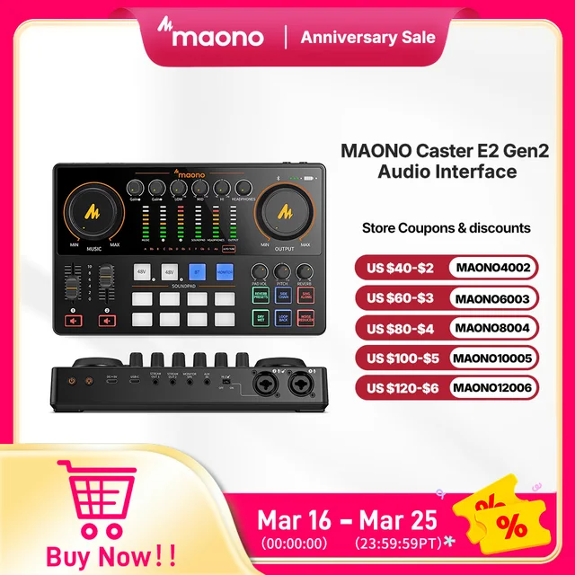 MaonoCaster E2 Gen2 Audio Interface Mixer with Dual XLR Input for Dual Podcast Live Streaming Gaming Audio Interfaces Sound Card