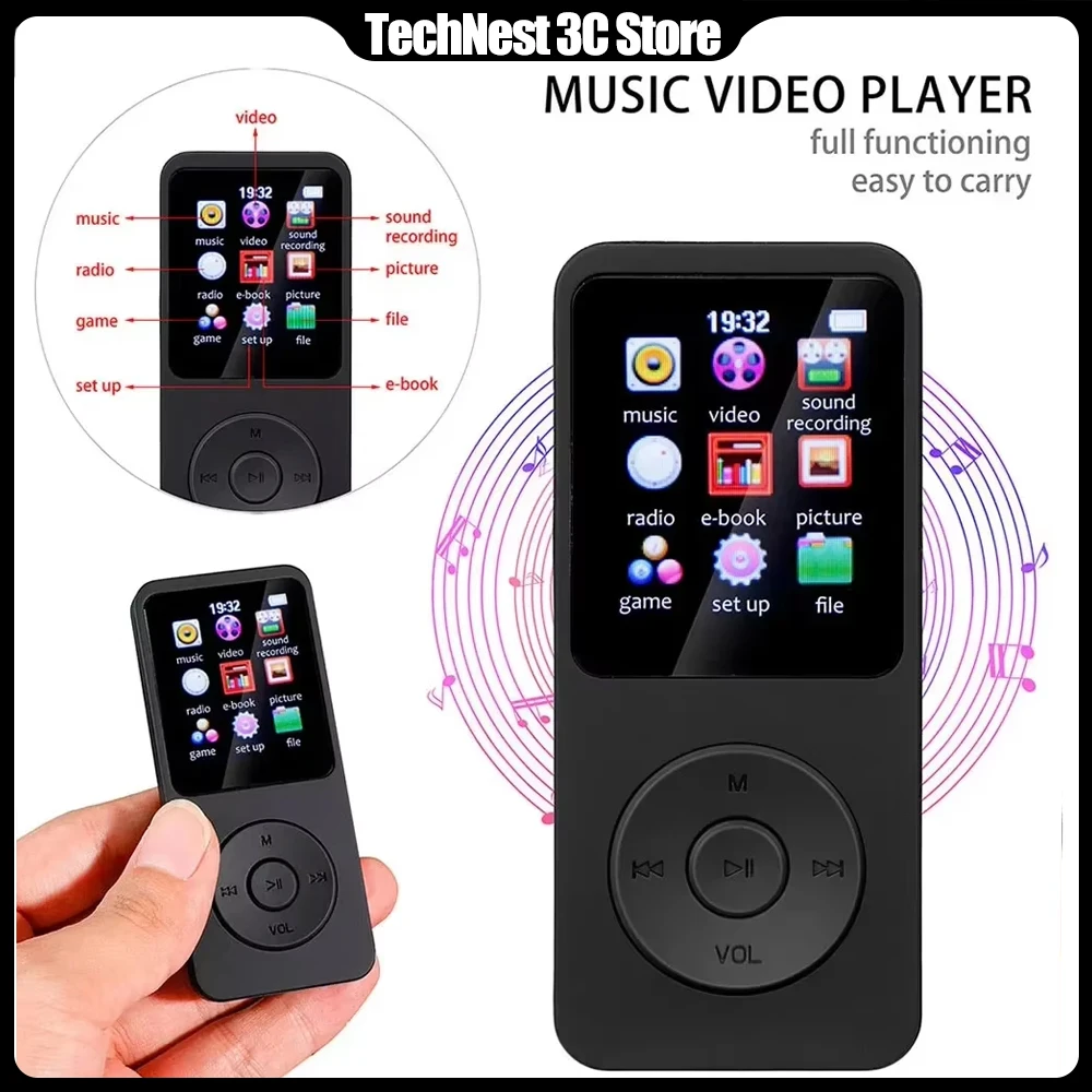 MP3 Player Bluetooth 5.4 1.8 Inch HiFi Type-C Walkman with FM Alarm Clock E-Book Sports Running Walking Music Play