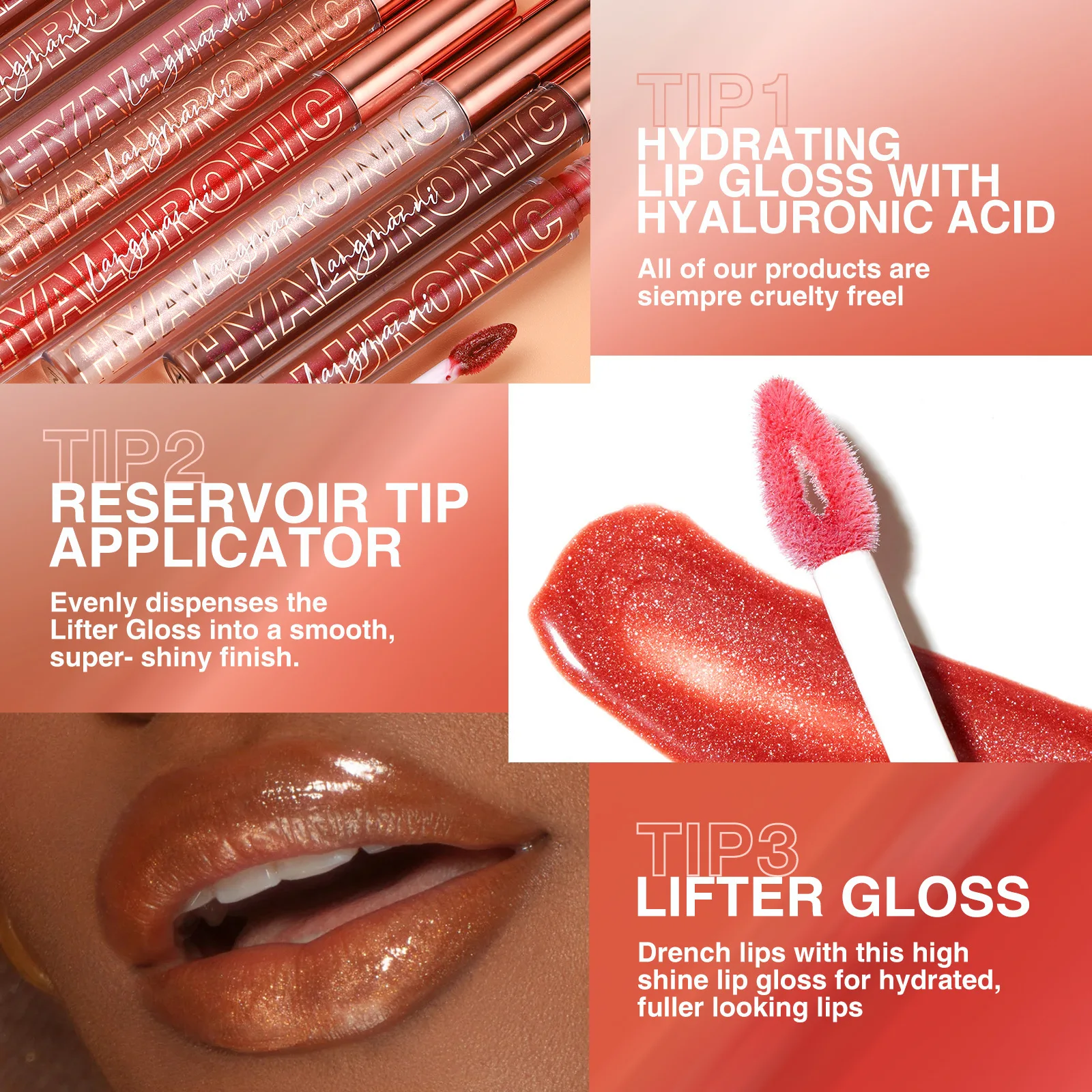 Cosmetics Hyaluronic Acid Lip Stain Glittering Lip Gloss 8Colors Available Moisturizing Lipstick Gloss with lip gloss lip makeup lip stain