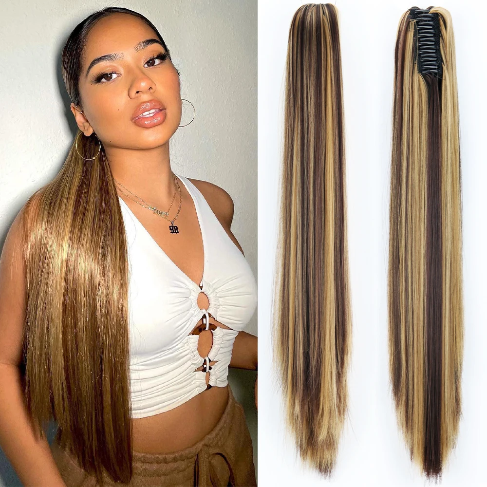 Synthetic Claw Clip On Ponytail Hair Extensions Long Straight 24" Heat Resistant Pony Tail HairPiece BlackBrown Blonde Hairstyle