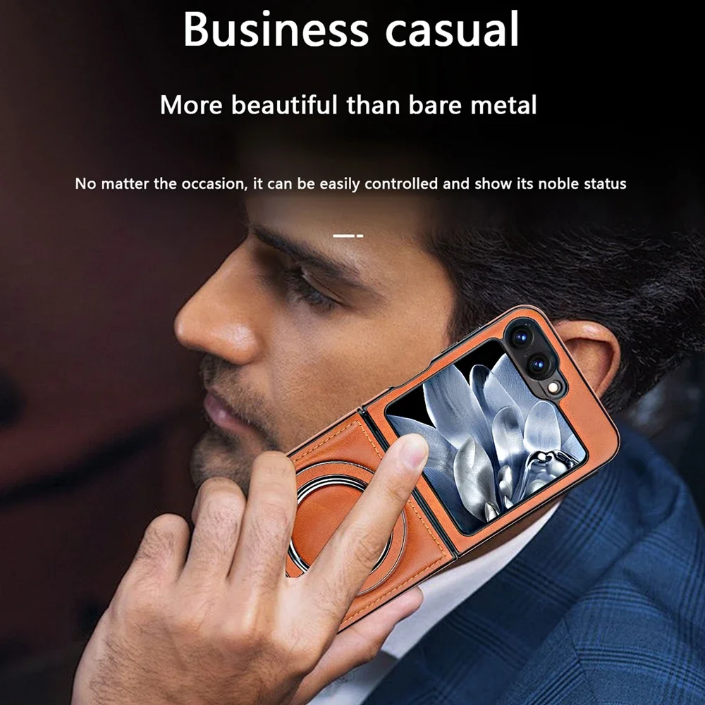 Luxury Leather Magnetic Flip Phone Case with Ring Bracket and Shockproof Design