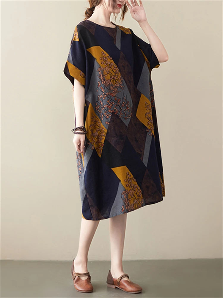 2023 Nuova Estate Cotone Lino Abiti Floreali Vintage Per Le Donne Casual Midi Ladies Print Dress Eleganti Abiti Abbigliamento Femminile