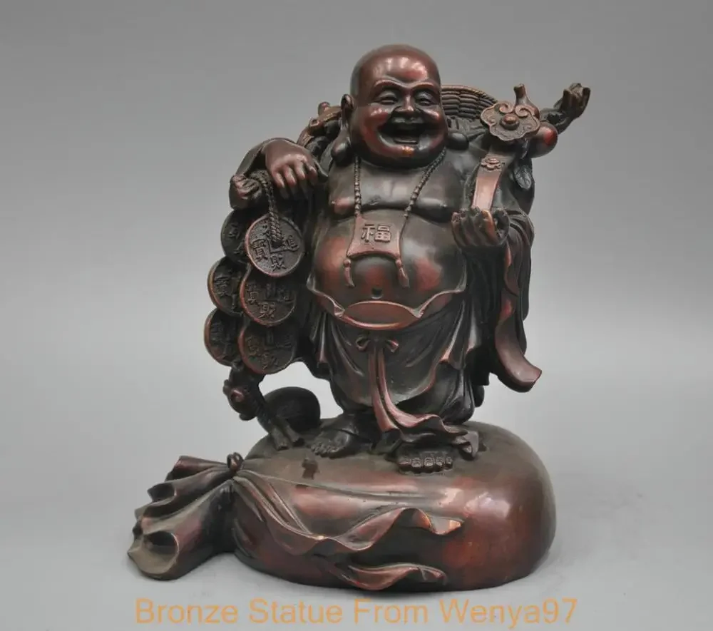 

10 ''Cina Bahagia Maitreya Laughing Buddha Berdiri Tas Uang Patung Perunggu