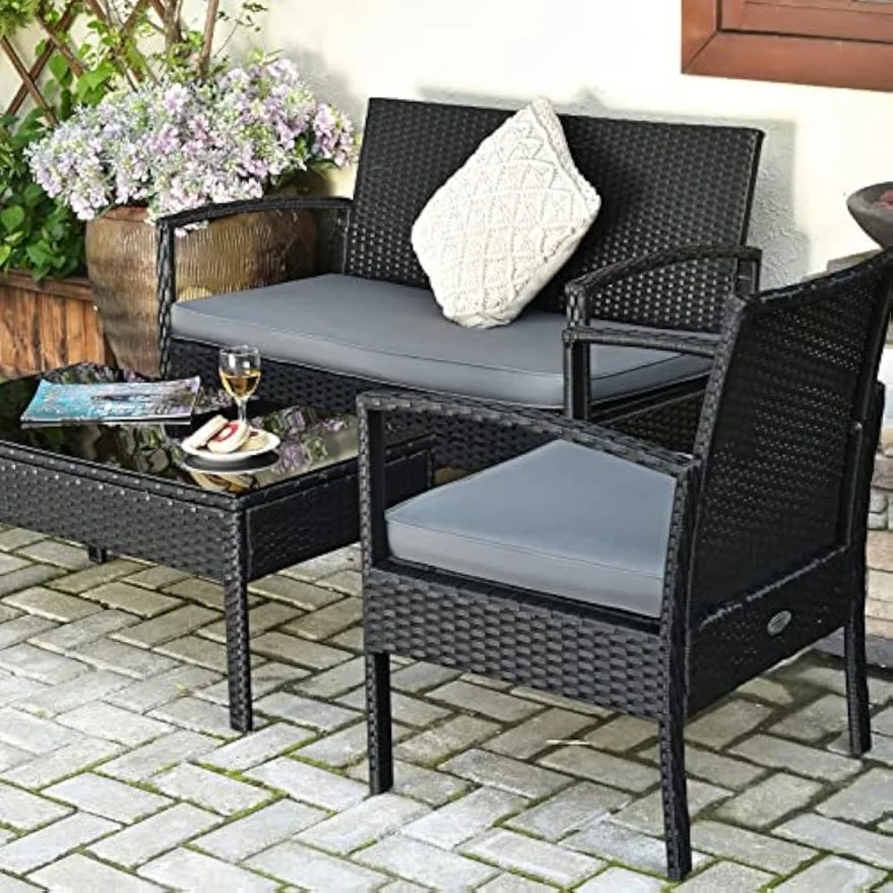 4PCS Patio Rattan Furniture Set, Outdoor Wicker Conversation Set with Tempered Glass Coffee Table, Seat Cushions 5
