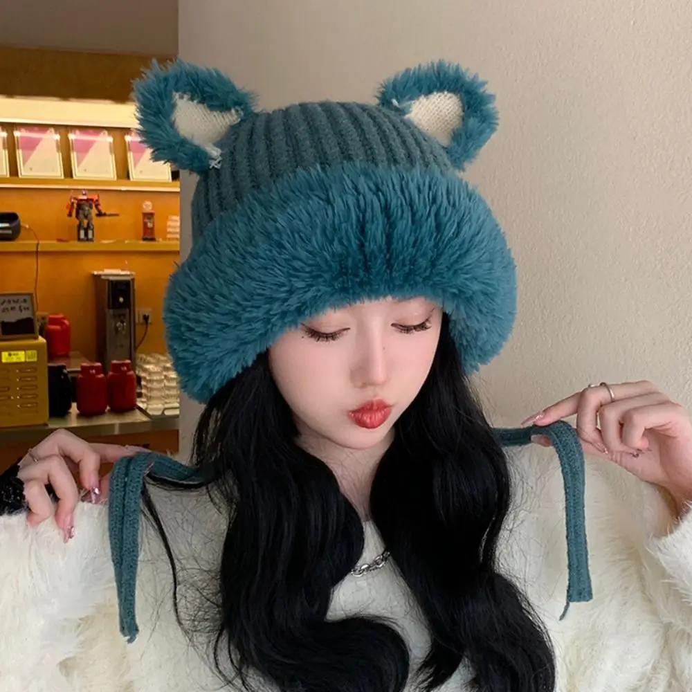 

Cute Plush Bear Ears Hat Thickened Winter Warm Knitted Bucket Hat Soft Fluffy Ear Protection Hat Women