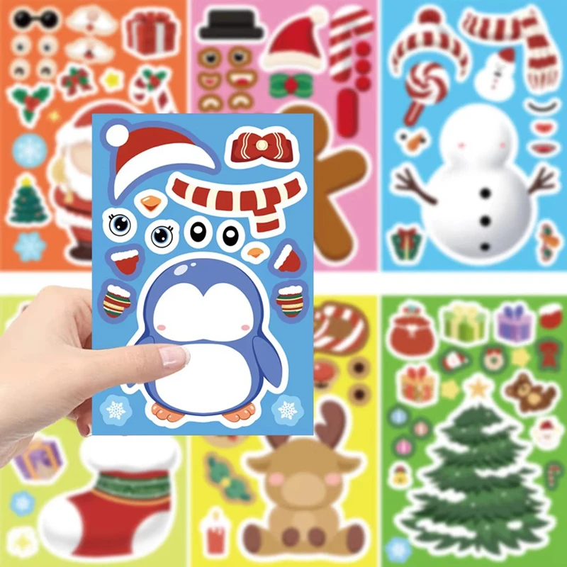 8/16/24pcs Cute Christmas Puzzle Stickers Make a Face Kids DIY Toys Assemble Sticker Games Xmas Party Favors 2025 New Year Gift