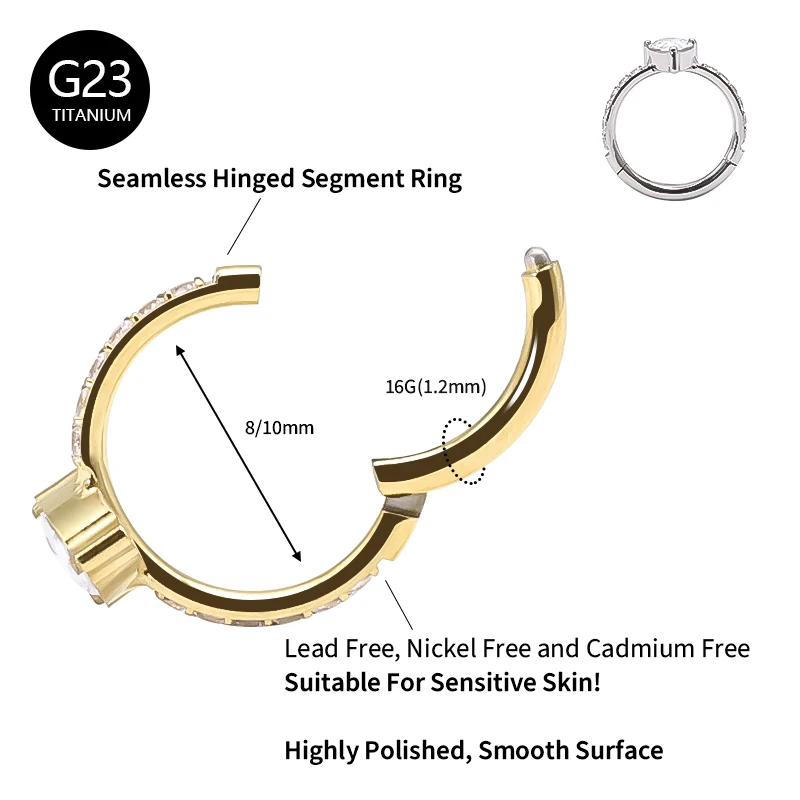 G23 Titanium Nose Septum Piercing Ring Hoops Cartilage Helix Daith Conch Earrings With CZ Zircon Clicker Hoop Body Jewelry 16G