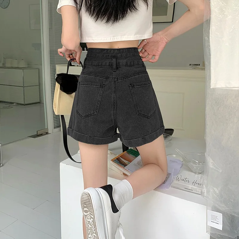 2023 New Spring/Summer Personalized High Waist Curled Denim Shorts Women's Loose and Slim Wide Leg A-line Hot Pants