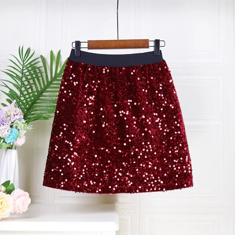 Velvet Sequined A-line Skirt Women's Autumn Winter Shiny Skirt High Waist Slimming Skirt Embroidery Heavy Industry Mini Skirts